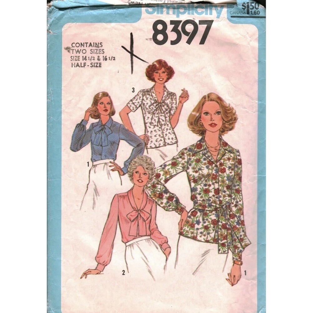 8397 Vintage Simplicity SEWING Pattern Misses 1970s Blouses Half Size 18.5 Cut